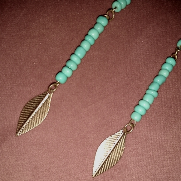 KATTA Long 4.5" Handmade Dangle Earrings Gold Turquoise Leaf Feather Charms New - Picture 5 of 10